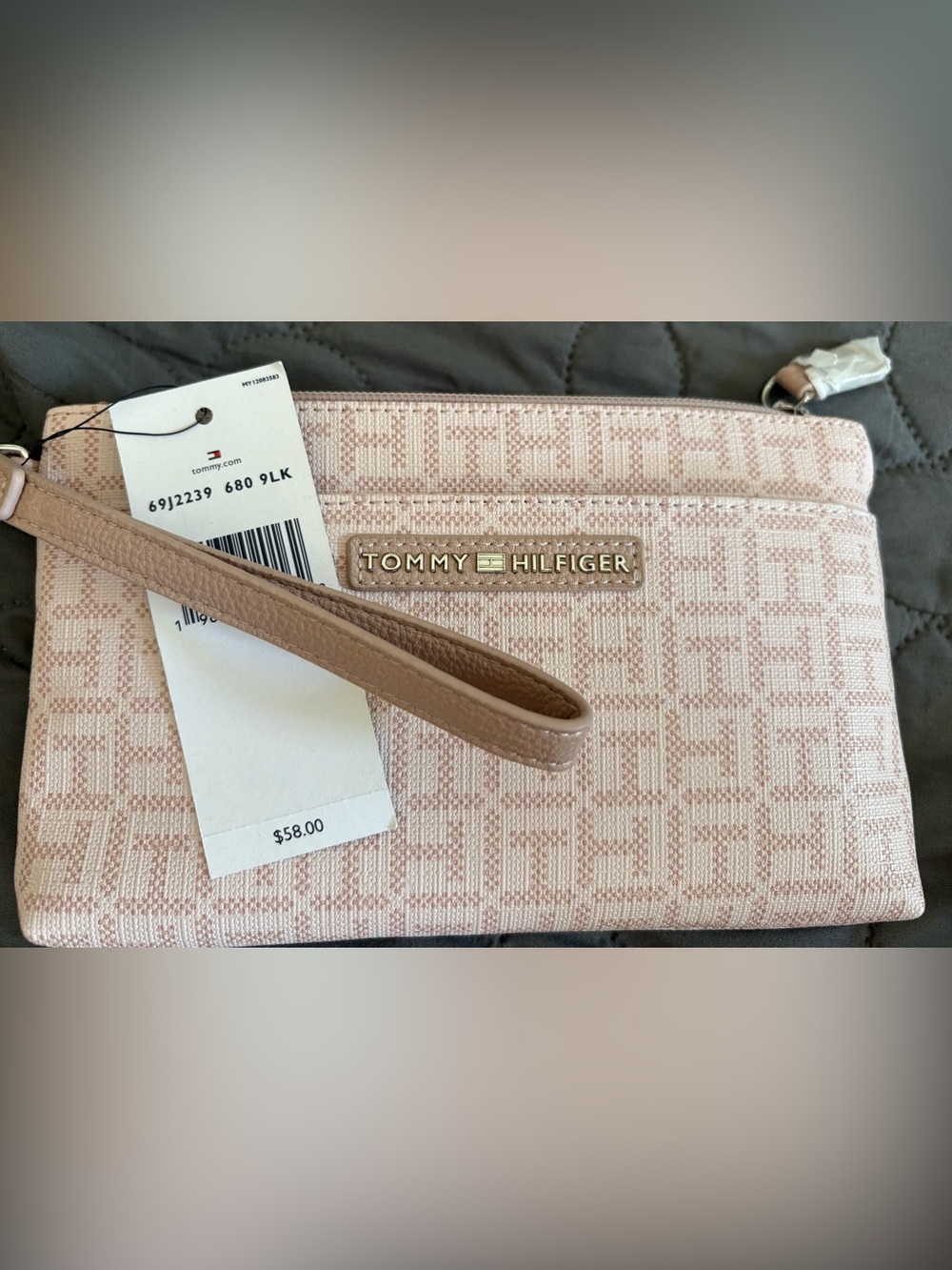 Tommy Hilfiger Light Pink Signature Wristlet with Leather Strap